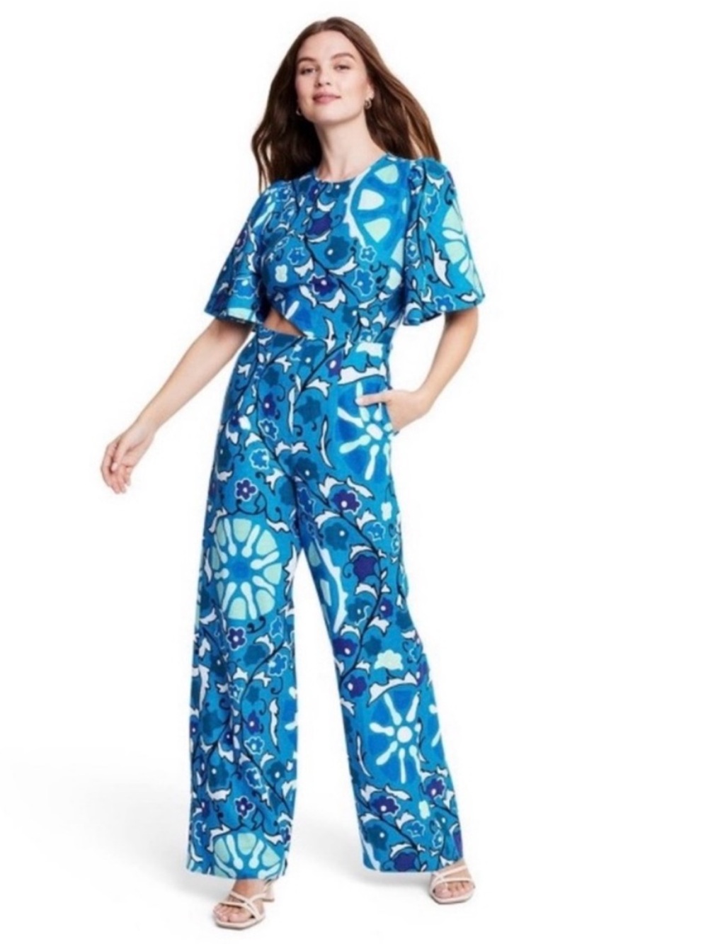 Rhode Blue Floral cut-out Jumpsuit L NWT